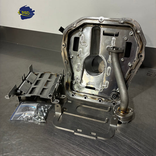 RSD Rallysport Design High Capacity Rally Racer Subaru EJ Engine Baffled Oil Pan Sump made for the EJ20 and EJ25 Engine. Also the Anti Surge Windage Tray for the Subaru EJ20/EJ25 engine which helps with more baffling and crankcase ventilation. Our high flow motorsport oil pickup  